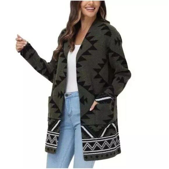 FRYE Womens S The Cozy Aztec Jacquard Luxe Open Front Cardigan Green Burnt Olive - Picture 1 of 7